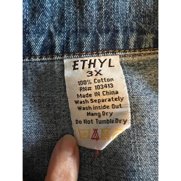 Ethyl blue jean denim long duster jacket leather stitchy Y2K Western boho 3X - Picture 7 of 11